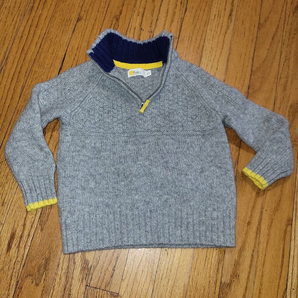 Mini Boden Boys gray yellow Wool Blend Ribbed Quarter Zip Sweater 4/5 yr